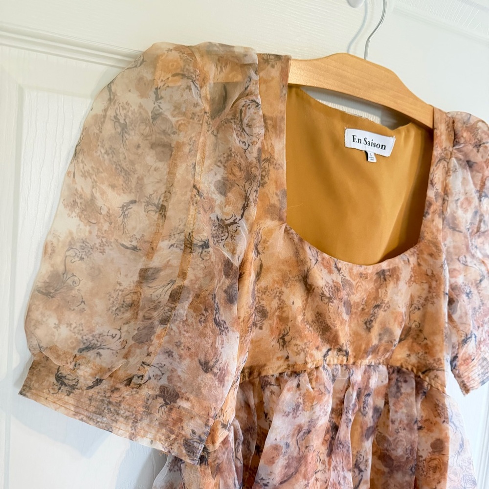 En Saison Floral Babydoll Mini Dress Puff Sleeve Cottagecore Romantic Size S - Picture 5 of 11